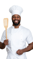Smiling chef in white uniform holding a spatula, transparent background, professional cook png
