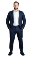 Businessman in navy blue suit standing with hands in pockets, confident expression on transparent background png