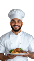Smiling chef in white uniform holding a plate of food on transparent background png
