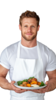 Smiling man in white apron holding a plate of food on transparent background, cheerful expression png