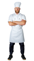 Confident chef in white uniform and black pants with arms crossed on transparent background png