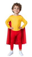 Young boy dressed as superhero in yellow shirt and red cape, transparent background png