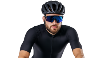 Cyclist in black jersey with sunglasses and helmet on transparent background, professional pose png