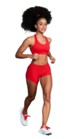 Fit woman running in red athletic outfit, smiling and exercising on transparent background png