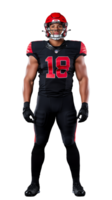 American football player in black and red uniform posing confidently on transparent background png
