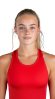 Young woman in red athletic tank top smiling on transparent background, fit and healthy png