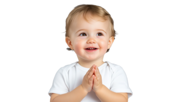 Smiling baby in white shirt clapping hands on transparent background, joyful expression png