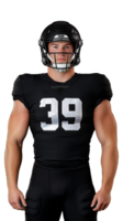 Football player in black uniform and helmet posing confidently on transparent background png