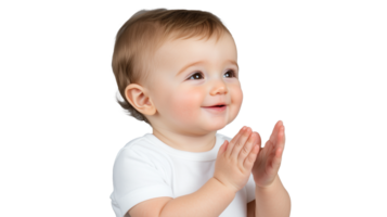 Happy baby in white shirt clapping hands on transparent background, smiling expression png