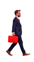 Businessman in suit walking with red briefcase on transparent background, confident stride png