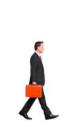 Professional man in suit walking with orange briefcase on transparent background, confident look png