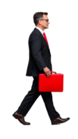 Businessman in black suit walking with red briefcase on transparent background, confident pose png