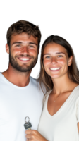 Smiling couple posing together on transparent background, man holding a key, joyful expression png