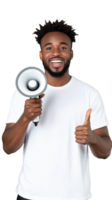 Smiling man holding a megaphone and giving thumbs up on transparent background, cheerful expression png