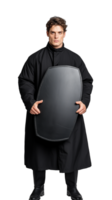 Man in black protective uniform holding a shield on transparent background, serious and confident pose png