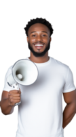 Smiling man holding a megaphone on transparent background, cheerful and confident expression png