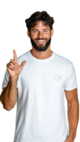 Smiling man in white shirt pointing upward on transparent background, confident and positive png