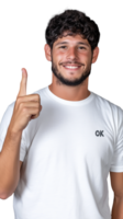 Smiling man in white shirt pointing upward on transparent background, confident and positive expression png