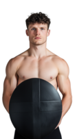 Shirtless man holding a black shield on transparent background, serious and focused expression png