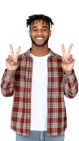 Smiling young man making peace sign with hands on transparent background, casual and confident look png
