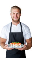 Smiling chef in white uniform and apron holding sushi plate on transparent background png