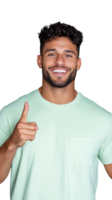 Smiling man in green shirt giving thumbs up on transparent background, cheerful and positive png