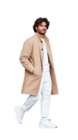 Fashionable man in beige coat walking on transparent background, confident and casual expression png
