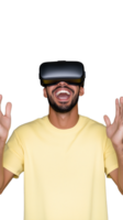 Smiling man in yellow shirt wearing VR headset on transparent background, excited expression png