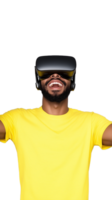 Man in yellow shirt wearing VR headset on transparent background, cheerful and engaged expression png