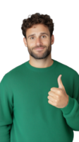 Smiling man in green sweater giving thumbs up on transparent background, confident and joyful png