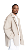 Stylish man in beige coat and glasses posing on transparent background, confident and casual png