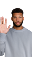 Man in grey sweater raising hand on transparent background, neutral expression png