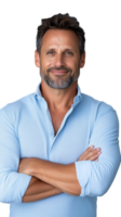 Smiling man in blue shirt with arms crossed on transparent background, confident and joyful pose png
