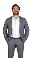 Smiling man in grey suit posing confidently on transparent background, professional and stylish png