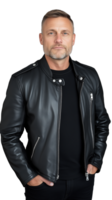 Confident man in black leather jacket posing on transparent background, strong and casual expression png