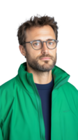 Serious man in green jacket and glasses on transparent background, thoughtful and stylish expression png