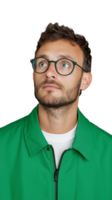 Thoughtful man in green jacket and glasses on transparent background, casual and stylish expression png