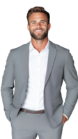 Confident man in grey suit smiling on transparent background, professional and joyful expression png