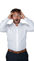 Surprised man in white shirt with hands on head on transparent background, shocked expression png