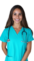 Smiling female doctor in turquoise scrubs posing on transparent background, professional and cheerful png