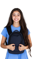 Smiling girl with backpack posing confidently on transparent background, happy school student expression png