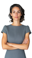 Serious woman in grey dress with arms crossed on transparent background, professional and confident pose png