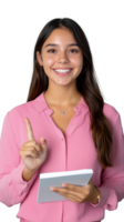 Smiling woman holding notebook and pen on transparent background, confident and friendly expression png