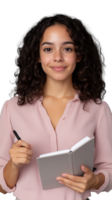 Smiling woman holding notebook and pen on transparent background, confident and professional expression png