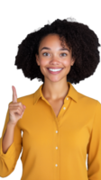 Smiling woman in yellow shirt pointing upwards on transparent background, confident and cheerful look png