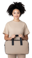 Smiling young woman holding a beige bag on transparent background, casual and relaxed look, travel concept png