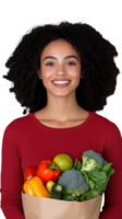 Smiling woman holding a grocery bag filled with fresh vegetables on transparent background, healthy lifestyle concept png