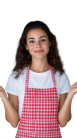 Smiling woman wearing red gingham apron on transparent background, casual cooking look png
