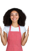 Smiling woman in red checkered apron on transparent background, cheerful cooking style png