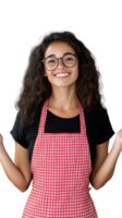 Smiling woman with curly hair in red checkered apron on transparent background, cheerful kitchen style png